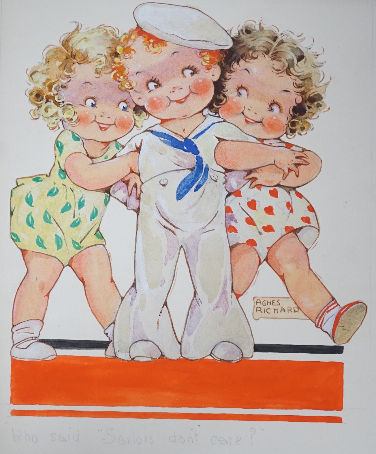 Agnes Richardson (1884-1951), four original watercolour and gouache postcard designs, Humorous children, signed, 38 x 24cm approx., unframed
